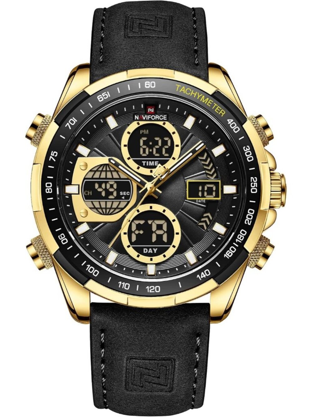 Men's Gold Black Military Digital Analog Quartz Waterproof Leather Wrist Watch